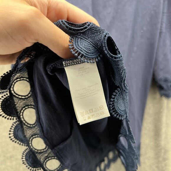 Boden Blouse Womens 6 Navy Blue Cotton Eyelet Lace Trim Boho Peasant Top - Picture 3 of 12